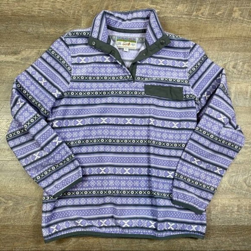 JACHS CABIN Purple Gray Fair Isle Pattern Collared Fleece Pullover size Small